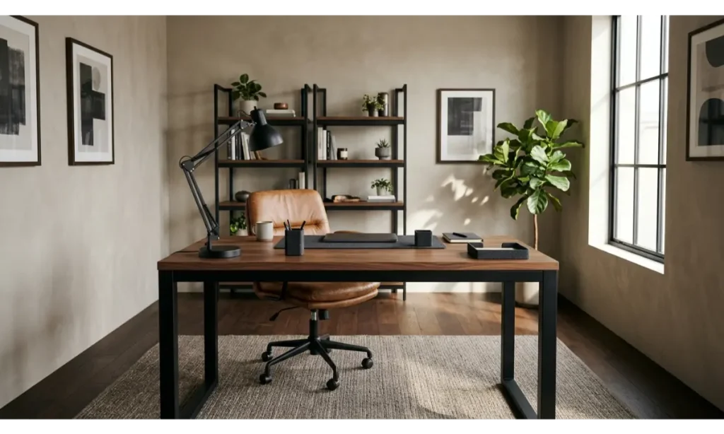 Home Office Decor with Black and Wood Accents