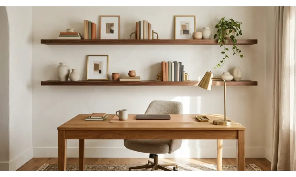 Home Office Decor with Floating Wooden Shelves