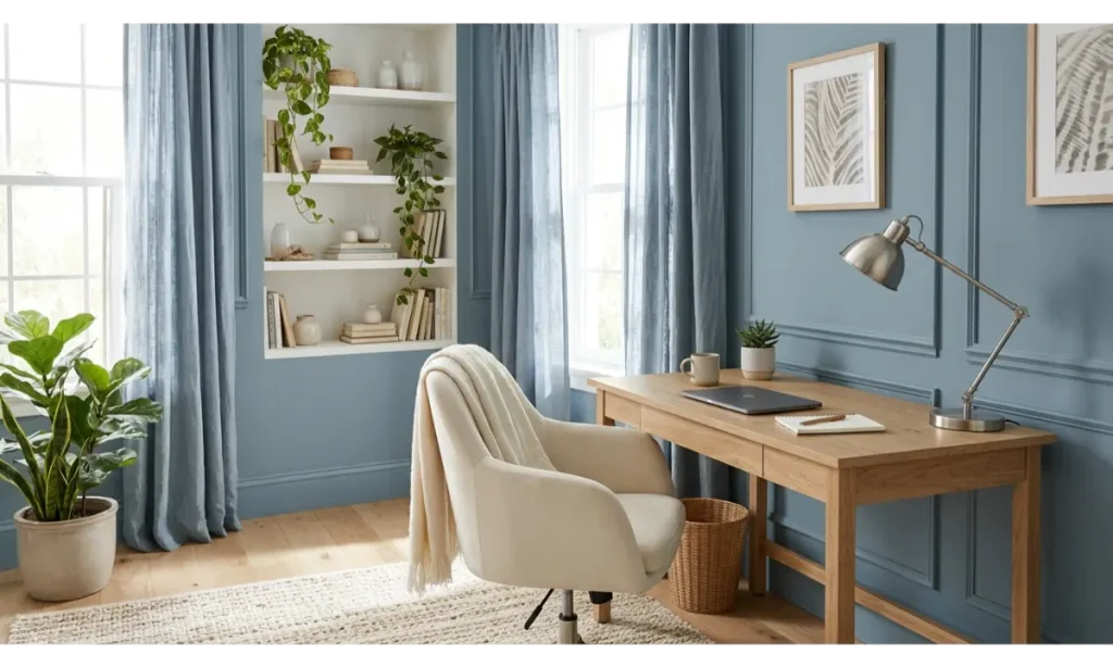 Home Office Decor with a Soft Blue Color Scheme