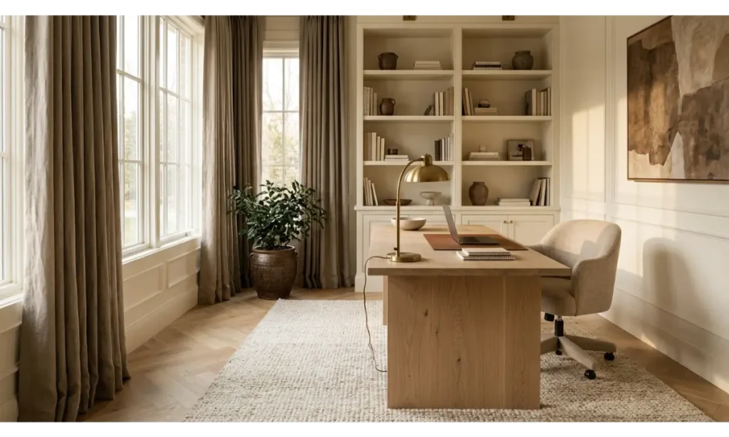 Home Office Decor with a Warm Neutral Palette