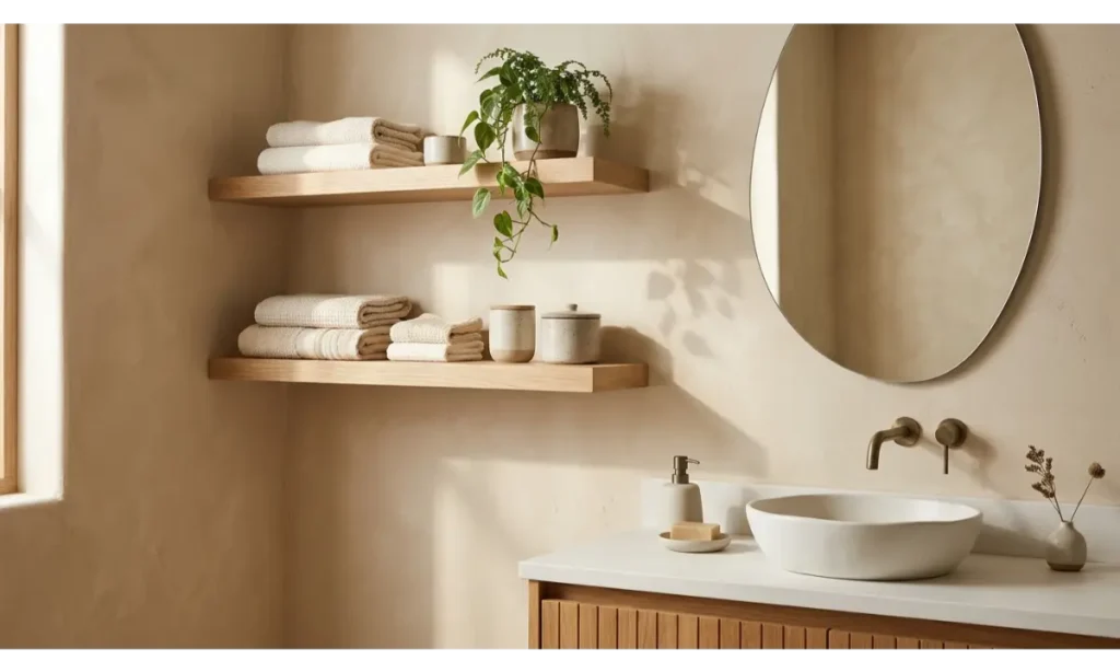 Japandi Bathroom Ideas With Open Wooden Shelves