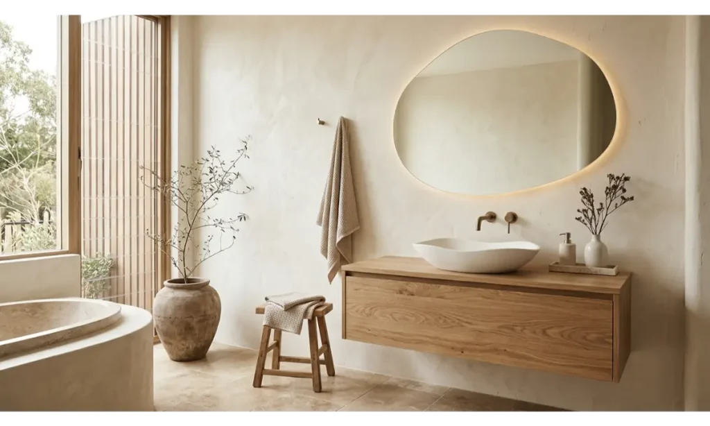 Japandi Bathroom Ideas With a Curved Mirror