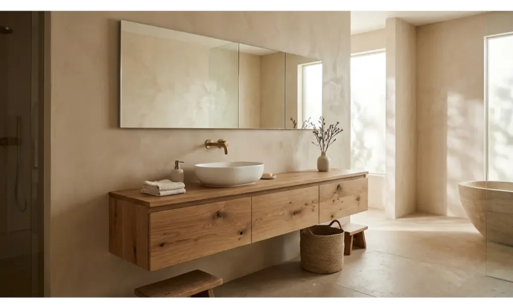 Japandi Bathroom Ideas With a Floating Wooden Vanity
