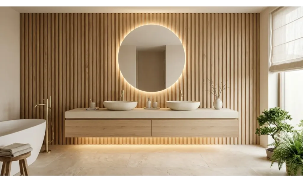Japandi Bathroom Ideas With a Wooden Slat Wall