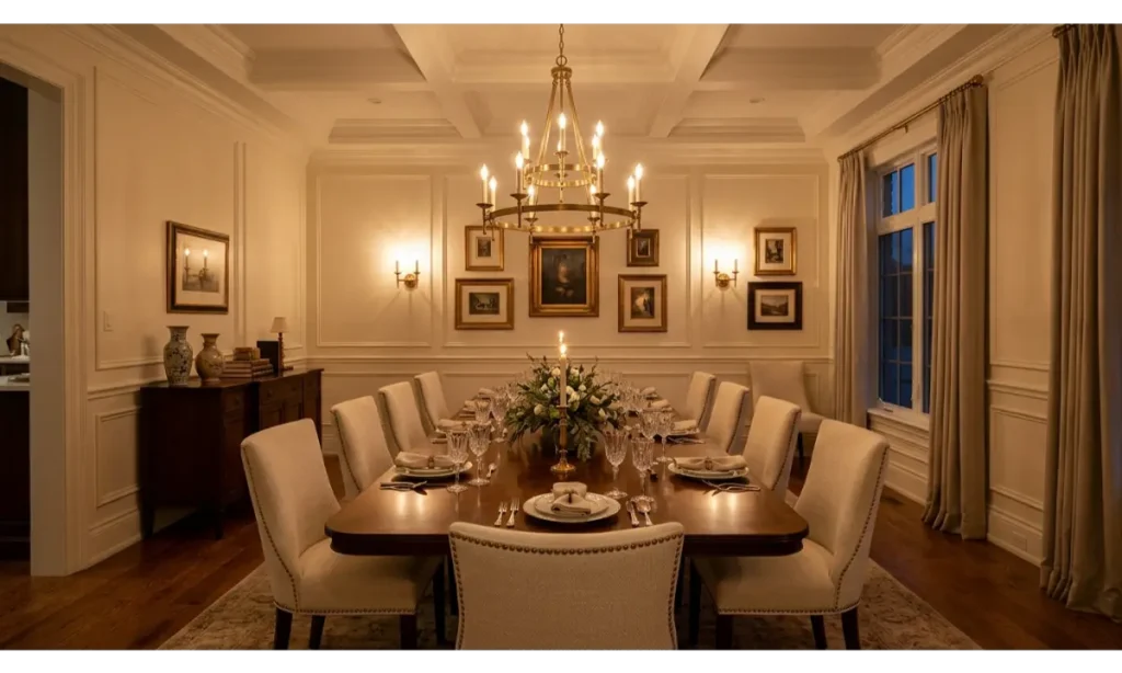 Layered Lighting With a Chandelier and Wall Sconces