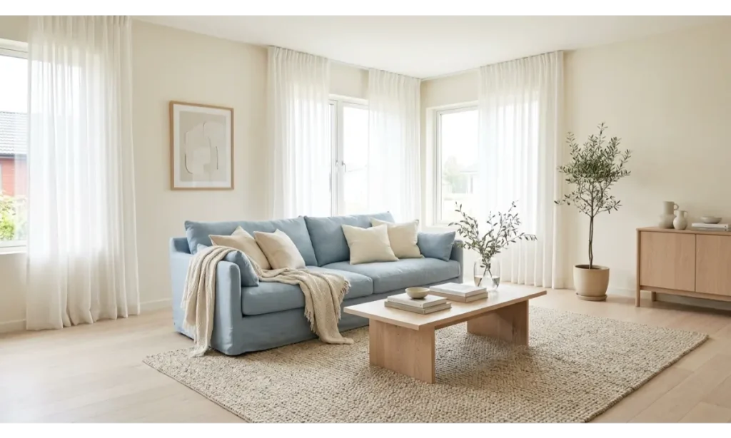 Light Blue Couch with Cream and Beige Decor