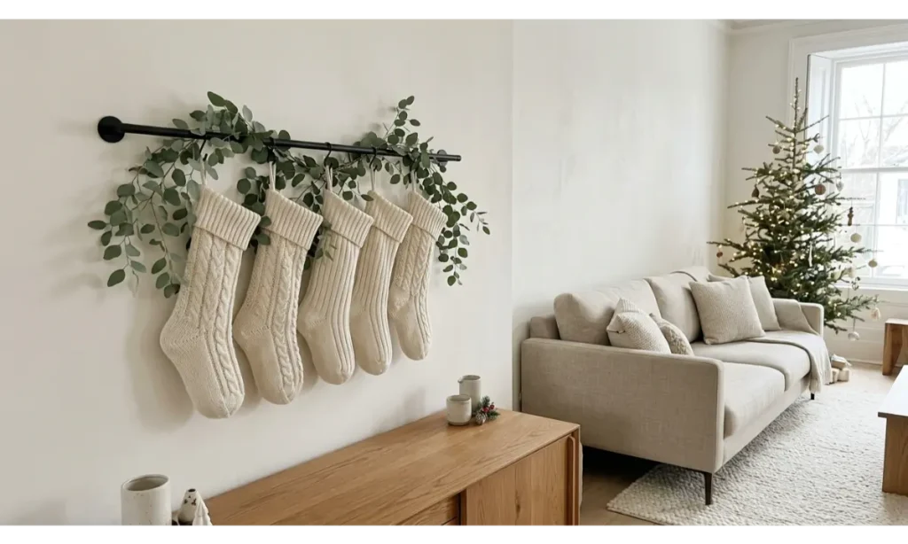 Minimalist Christmas Stockings on a Black Metal Rod