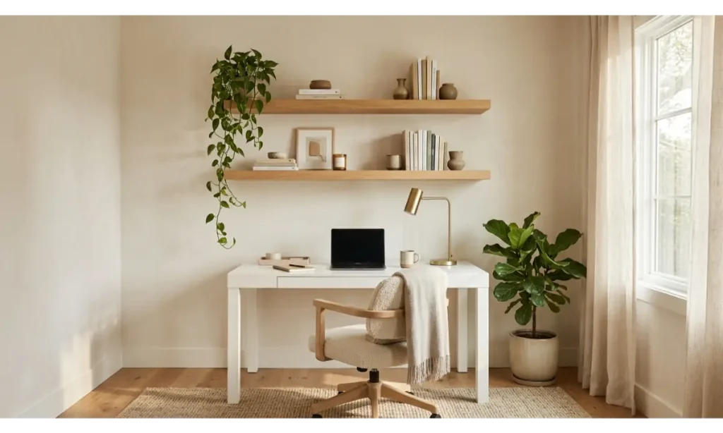 Minimalist Home Office Wall Decor Ideas with Floating Shelves