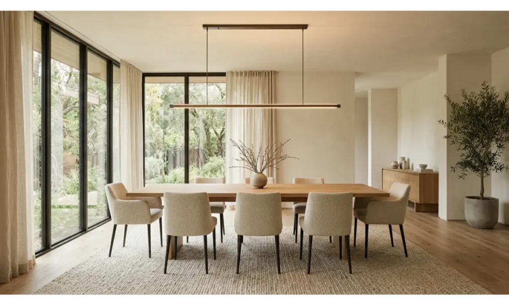 Modern Linear Chandelier Above a Rectangular Table