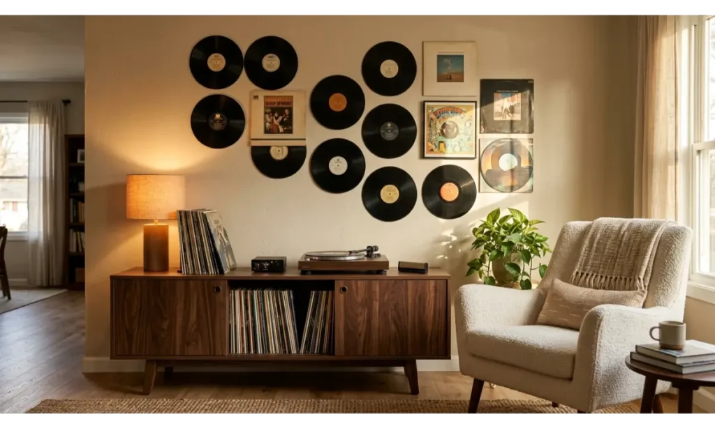 Music Corner Decor Ideas With a Stylish Vinyl Record Wall