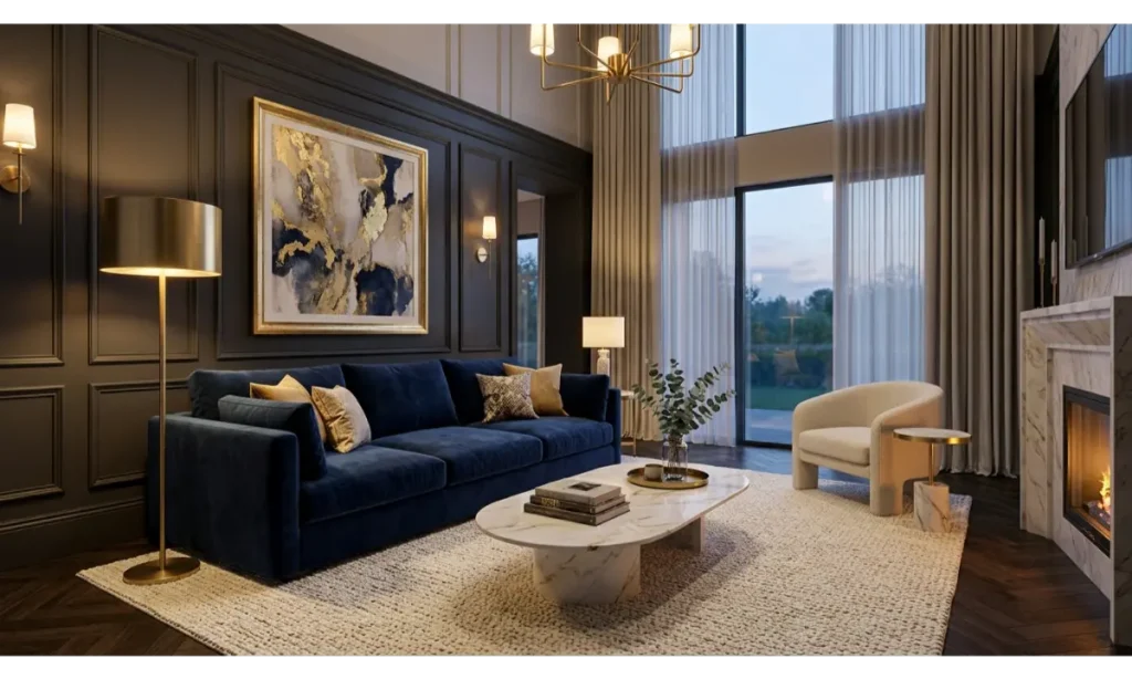 Navy Blue Couch with Elegant Gold Accents