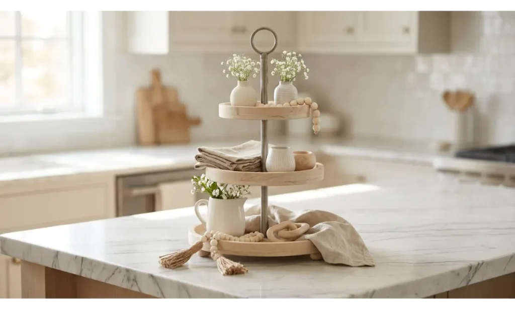 Neutral Tiered Tray Decor Ideas for an Elegant Kitchen