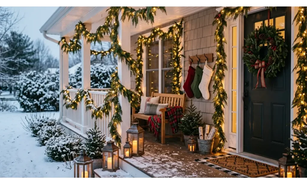 Outdoor Covered Porch Christmas Stocking Display