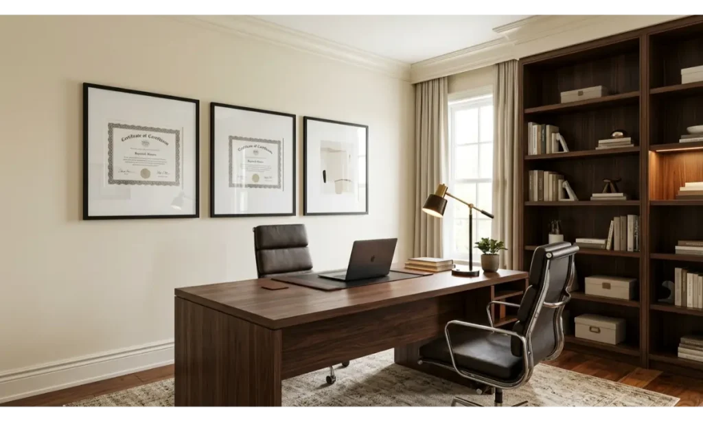 Professional Home Office Wall Decor Ideas with Framed Certificates