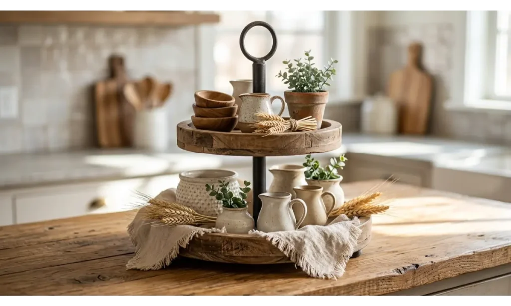 Rustic Tiered Tray Decor Ideas with Natural Wood