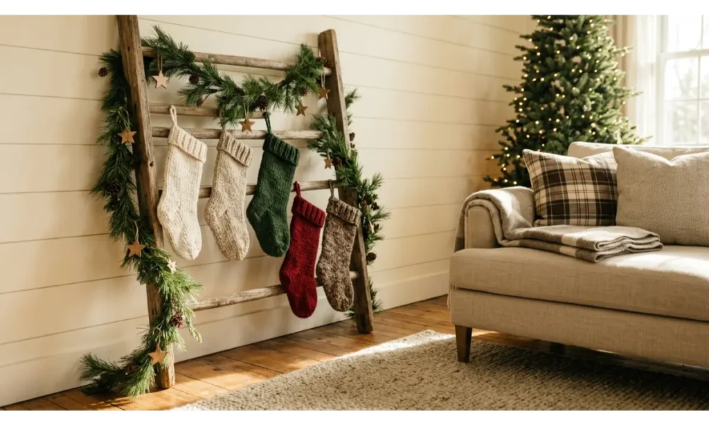 Rustic Wooden Ladder Stocking Display