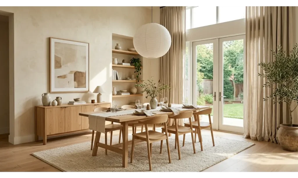 Scandinavian Dining Room With Warm Wood