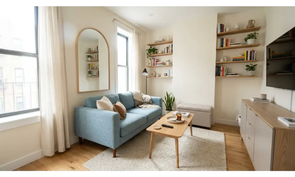 Small Living Room with a Compact Blue Sofa