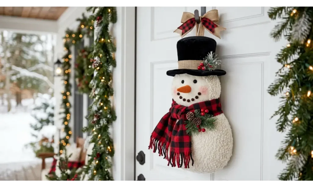 Snowman Door Hanger With a Festive Scarf