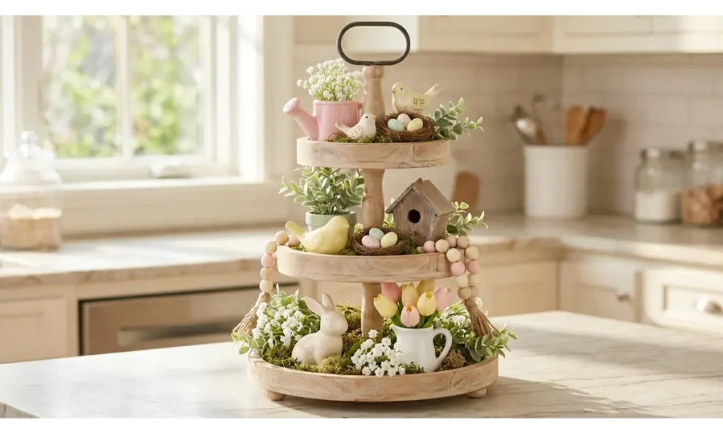 Spring Tiered Tray Decor Ideas with Fresh Pastels