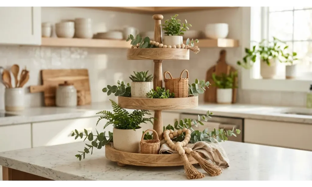 Tiered Tray Decor Ideas with Greenery and Natural Textures